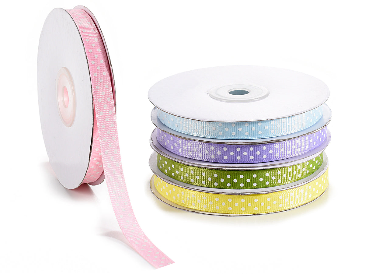 Nastri colorati in grosgrain con pois bianchi, set da 5 pezzi, mm 10 x 25 mt