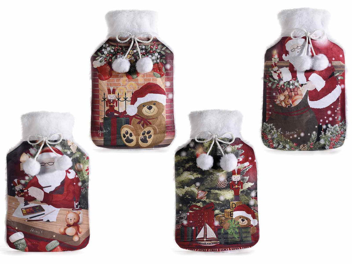 Borse dell'acqua calda con decori natalizi con eco-fur e pom pon, in confezione, set da 4 pezzi, cm 21 x 36 H
