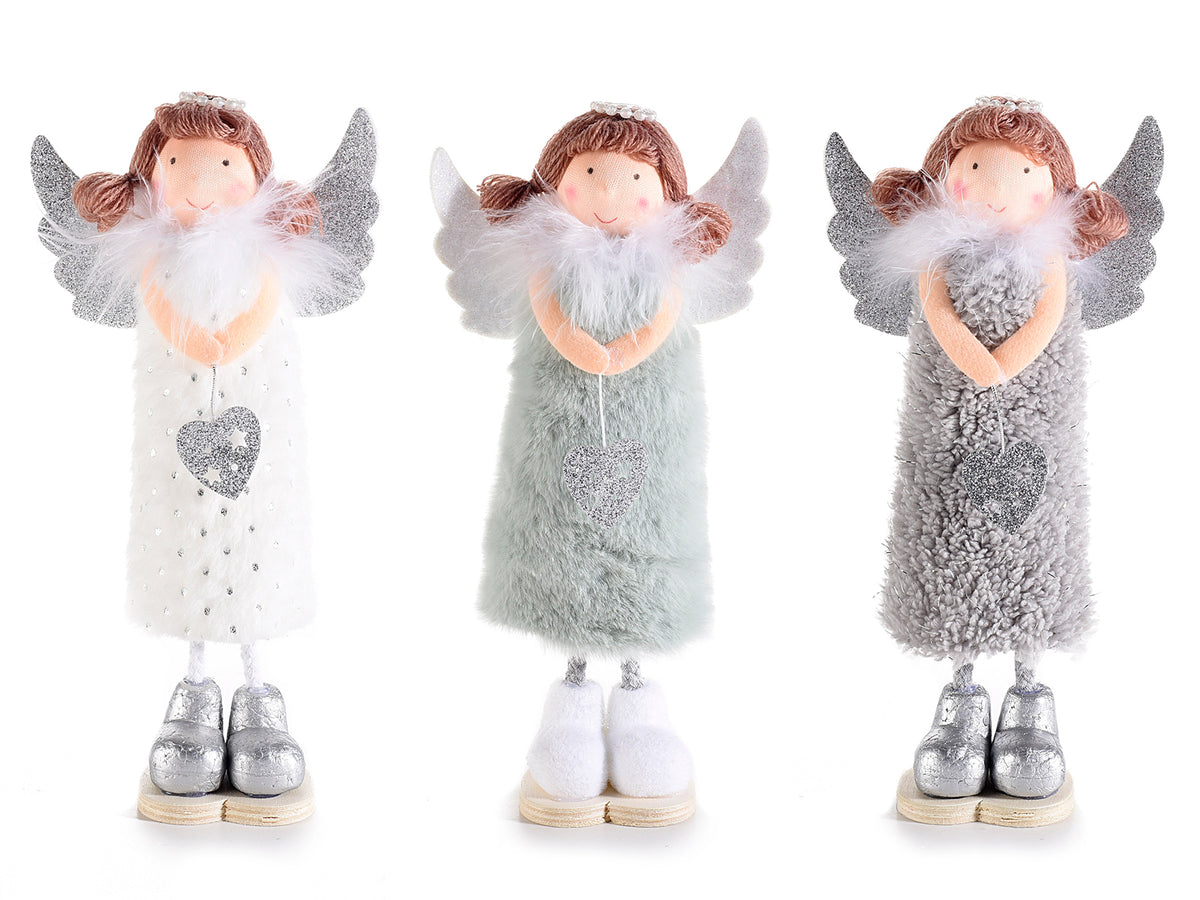 Angeli natalizi in morbida eco-fur, ali glitterate e cuore decorativo argento, set da 6 pezzi, cm 10 x 4,5 x 22 H
