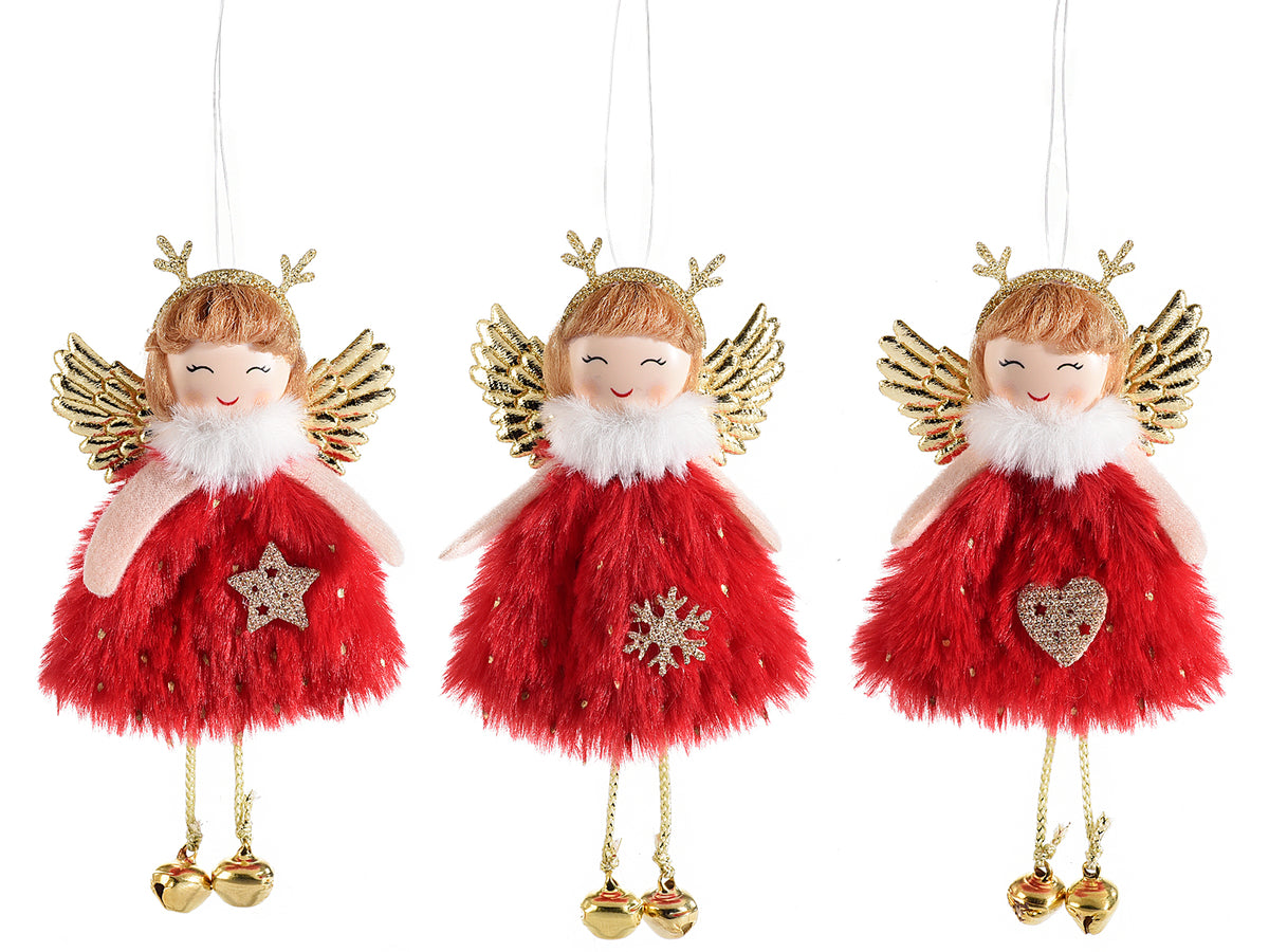 Angeli gambelunghe abito in eco-fur, con ali e decori dorati a cuore stella, set da 12 pezzi, cm 7 x 14 H