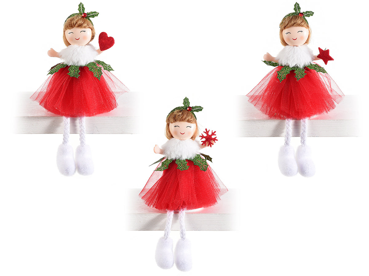 Angeli di Natale gambelunghe con abito in tulle rosso da appendere / appoggiare, set da 9 pezzi, Ø 6 cm x 11 H