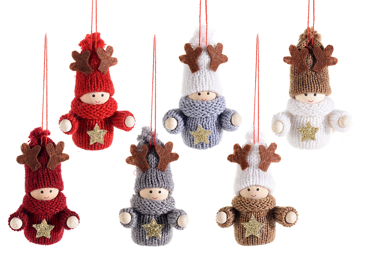 Addobbo albero a folletto di Natale in maglia con stella dorata e cappello, set da 12 pezzi, cm 4 x 7 H