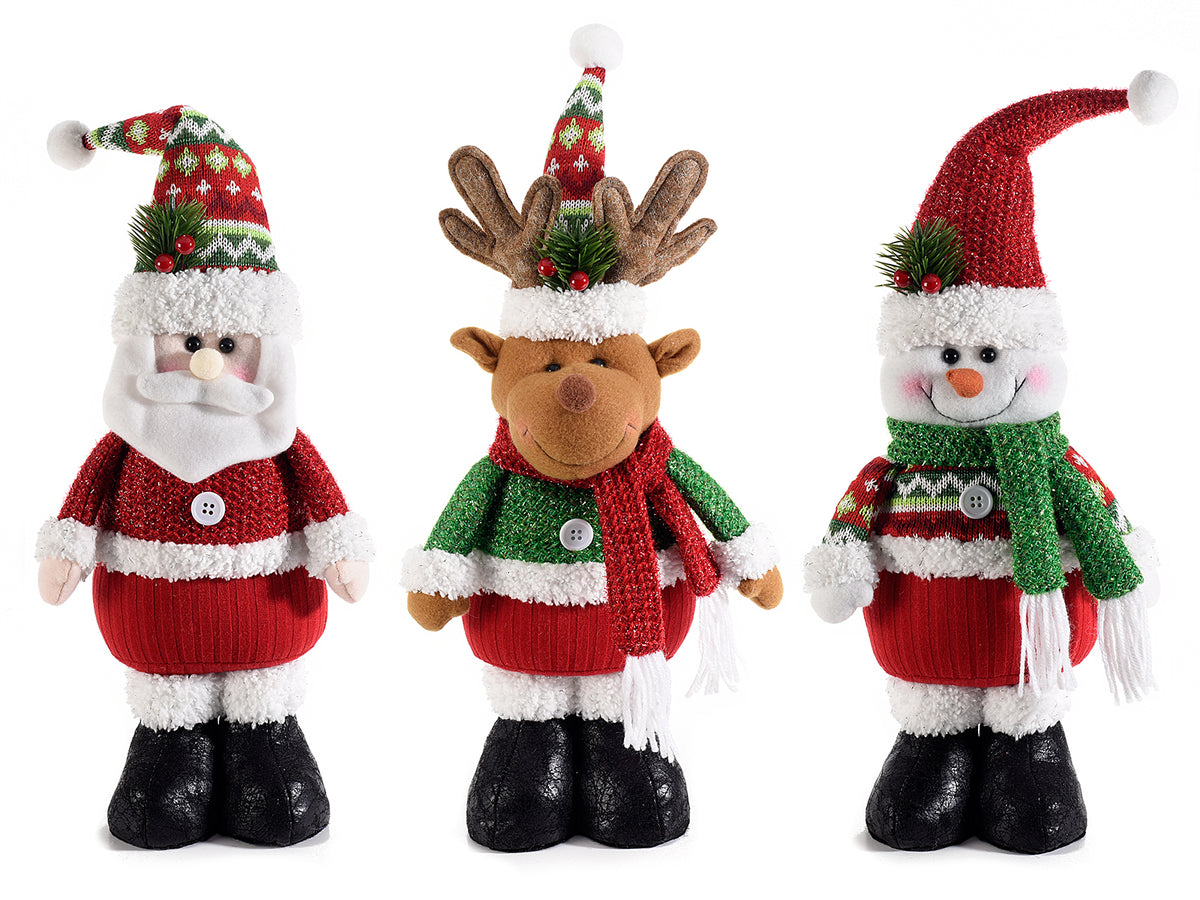 Personaggi natalizi a Babbo Natale, renna e pupazzo di neve con cappello, set da 3 pezzi, cm 17x9x49 H (capp.esteso)