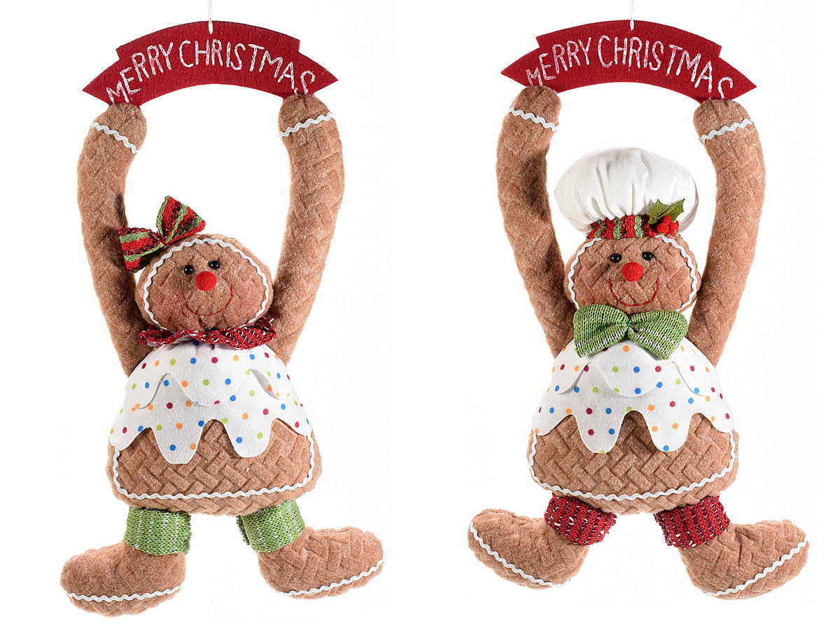 Decoro di Natale ad omino Pan di zenzero in stoffa con paillettes e scritta Merry Christmas da appendere, set da 2 pezzi, cm 28 x 8 x 46 H