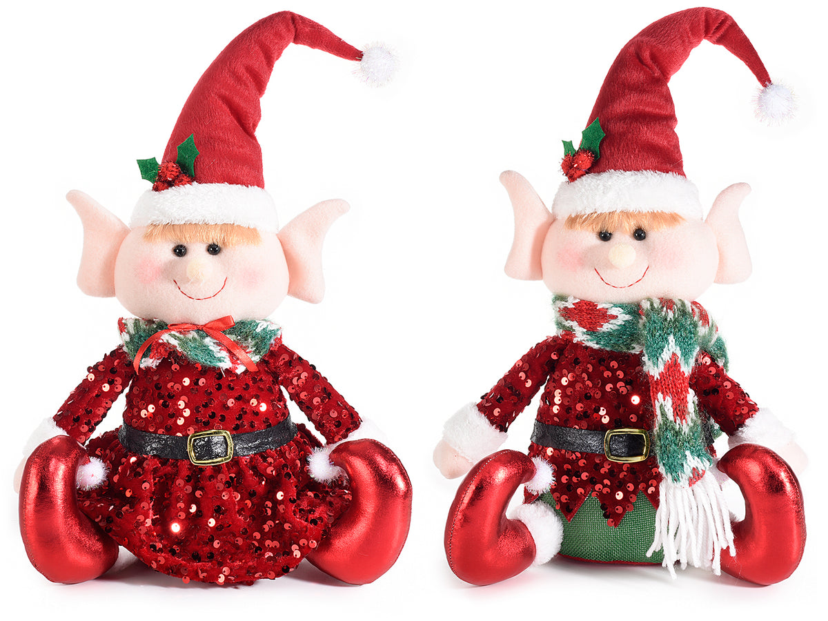 Mamma e Papà elfo di Natale in stoffa con paillettes da appoggiare, set da 2 pezzi, cm 22 x 14 x 46 H