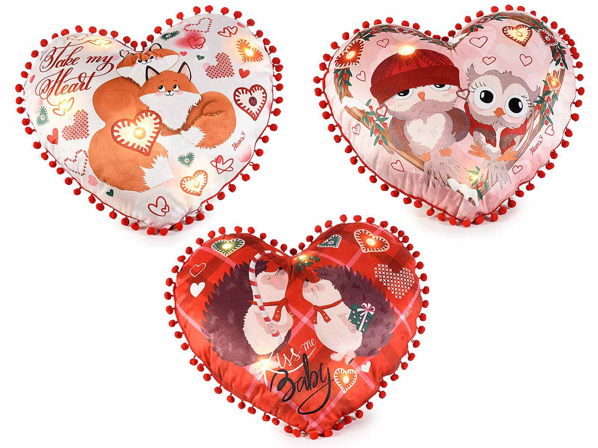 Cuscino a cuore con piccoli pompon, imbottito sfoderabile con luci led, set da 3 pezzi, cm 40 x 35 H