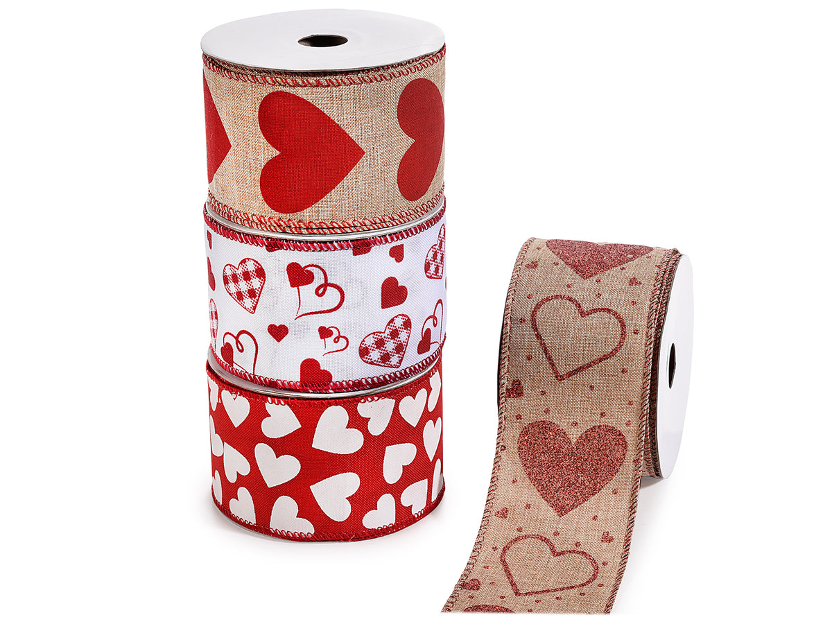Rotoli di nastri in stoffa modellabile con stampa a cuori, per San Valentino, set da 4 pezzi, mm 63 x 10 mt