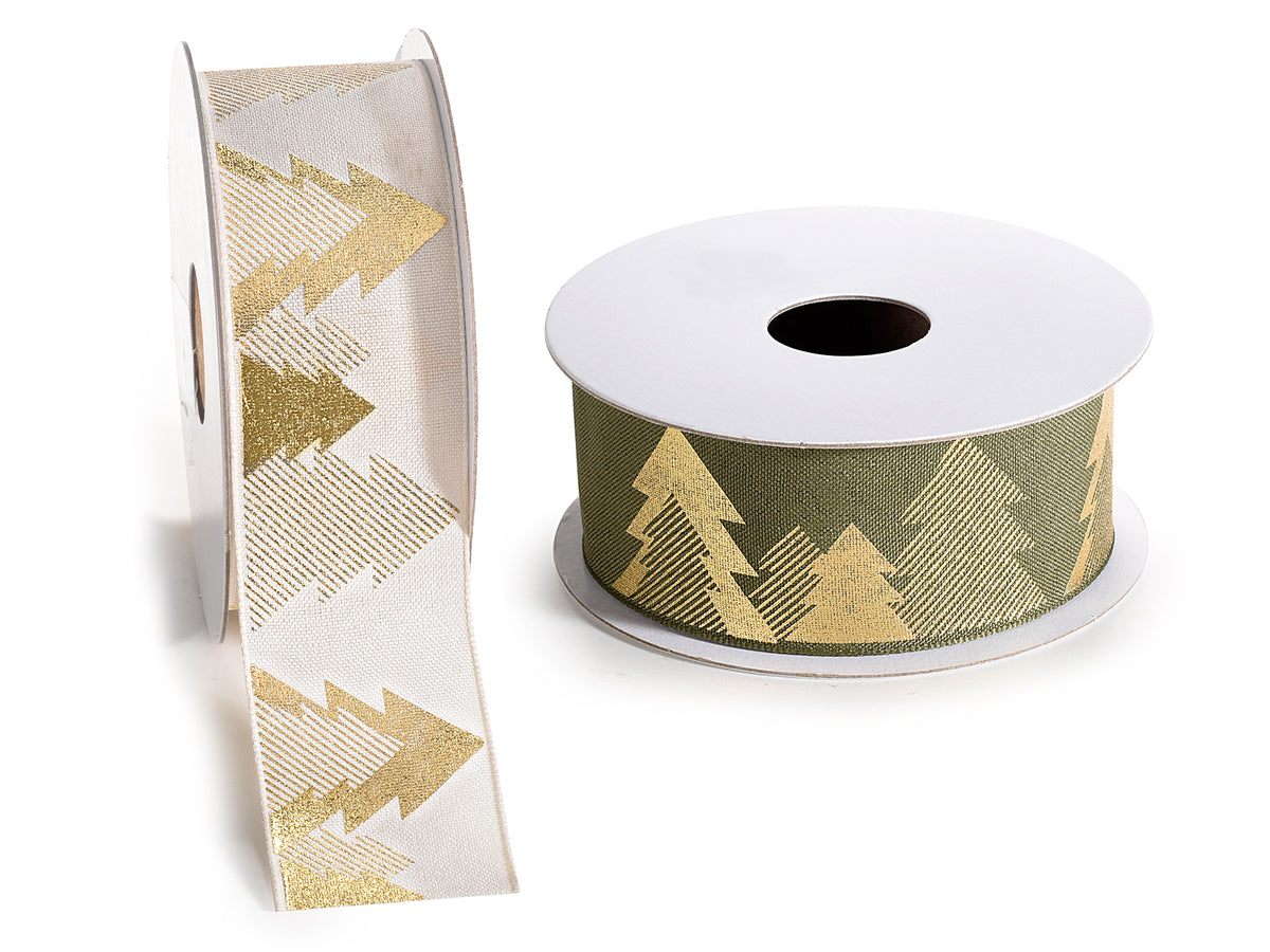 Nastri in tessuto con stampa alberi di Natale dorati, set da 2 pezzi, mm 38 x 10 m