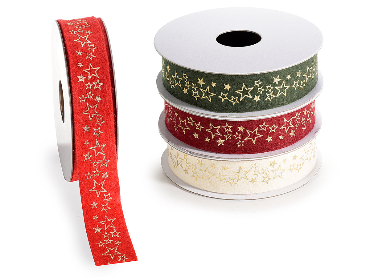Nastri natalizi in feltro con stampa a stelle dorate, set da 4 pezzi, mm 25 x 10 m