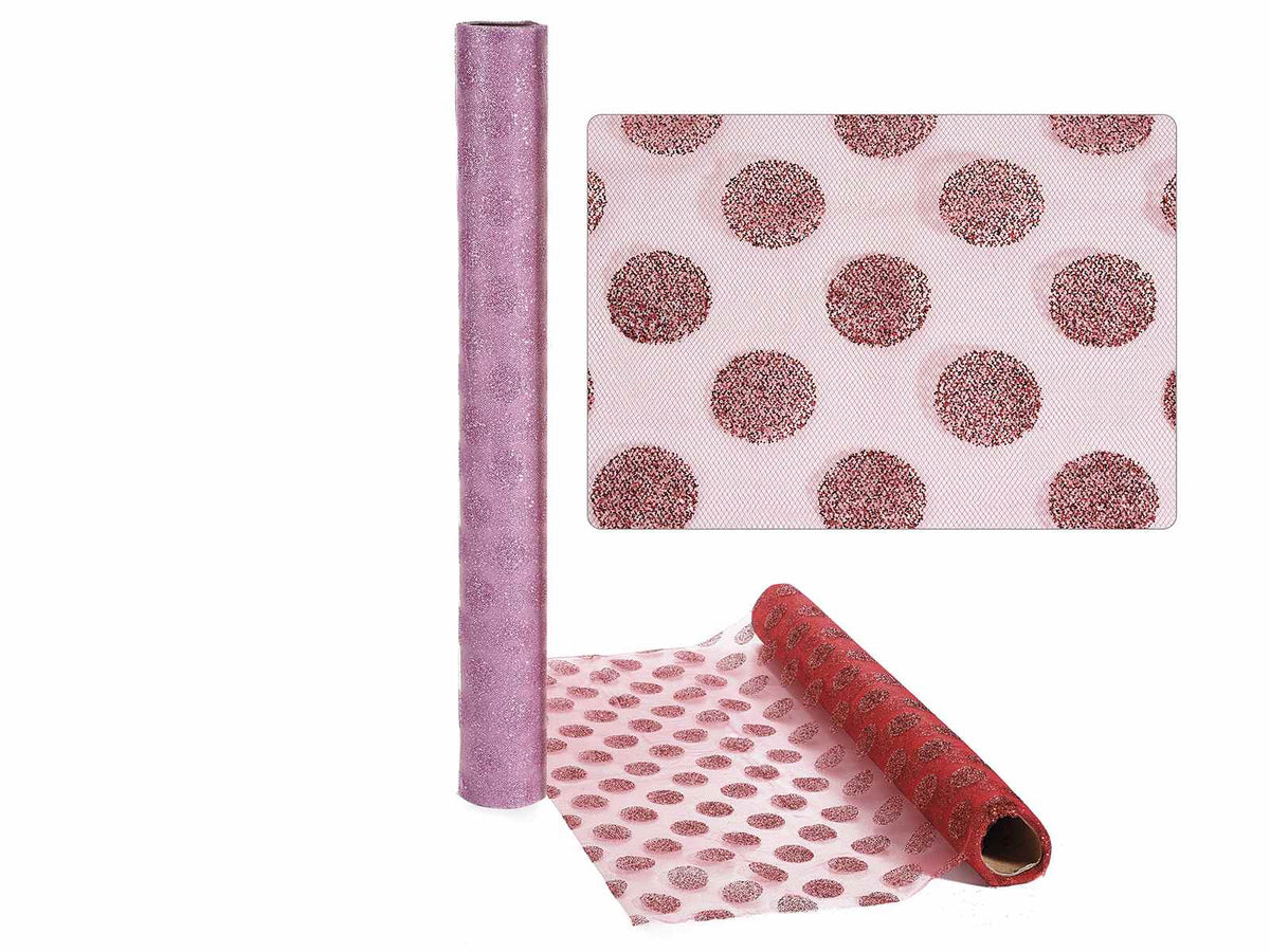 Rotoli di tulle decorativo rosa e rosso con pois glitterati, set da 2 pezzi, cm 47 x 4,5 mt