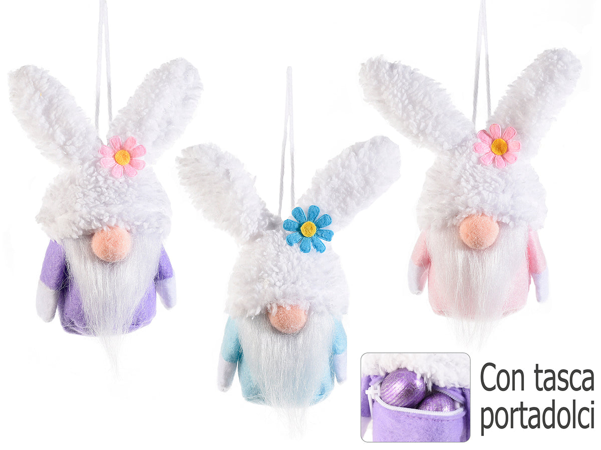 Gnometti a coniglietto portadolci pasquali da appendere con fiorellino, set da 12 pezzi, cm6x5x14H (orecc.estese)