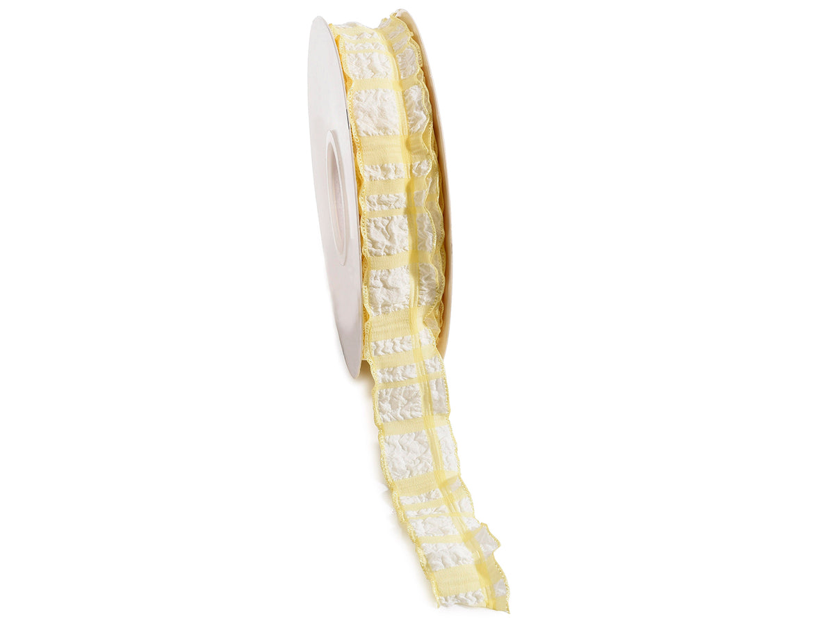 Nastri in tessuto giallo con stampa quadrettata ed effetto arricciato, set da 4 pezzi, mm 25 x 9 m