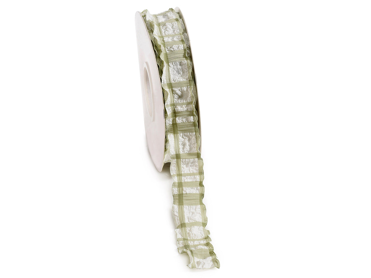 Nastri in tessuto con stampa quadrettata verde ed effetto arricciato, set da 4 pezzi, mm 25 x 9 m