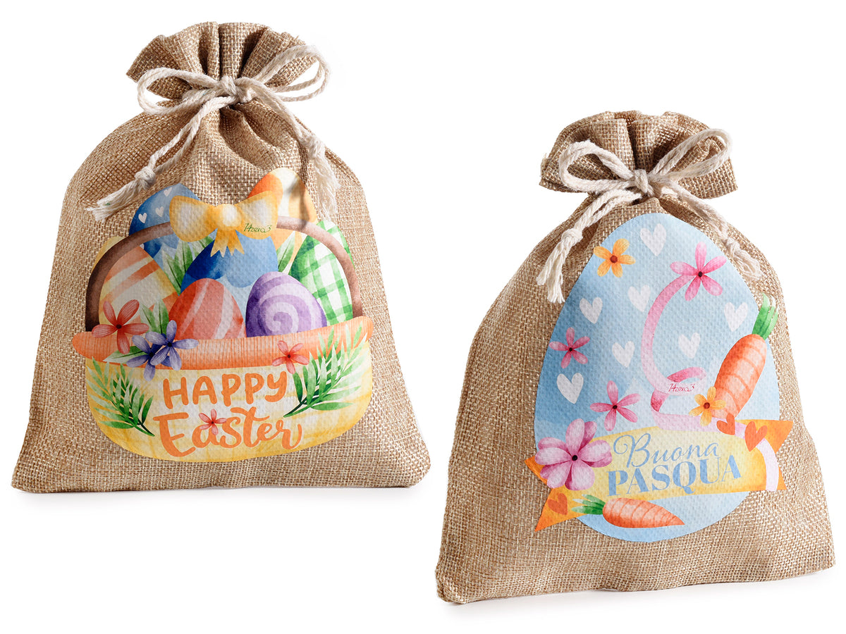 Sacchetti portadolci di Pasqua in juta con stampa pasquale Buona Pasqua / Happy, set da 24 pezzi, cm 17x22,5 H(al tirante19)