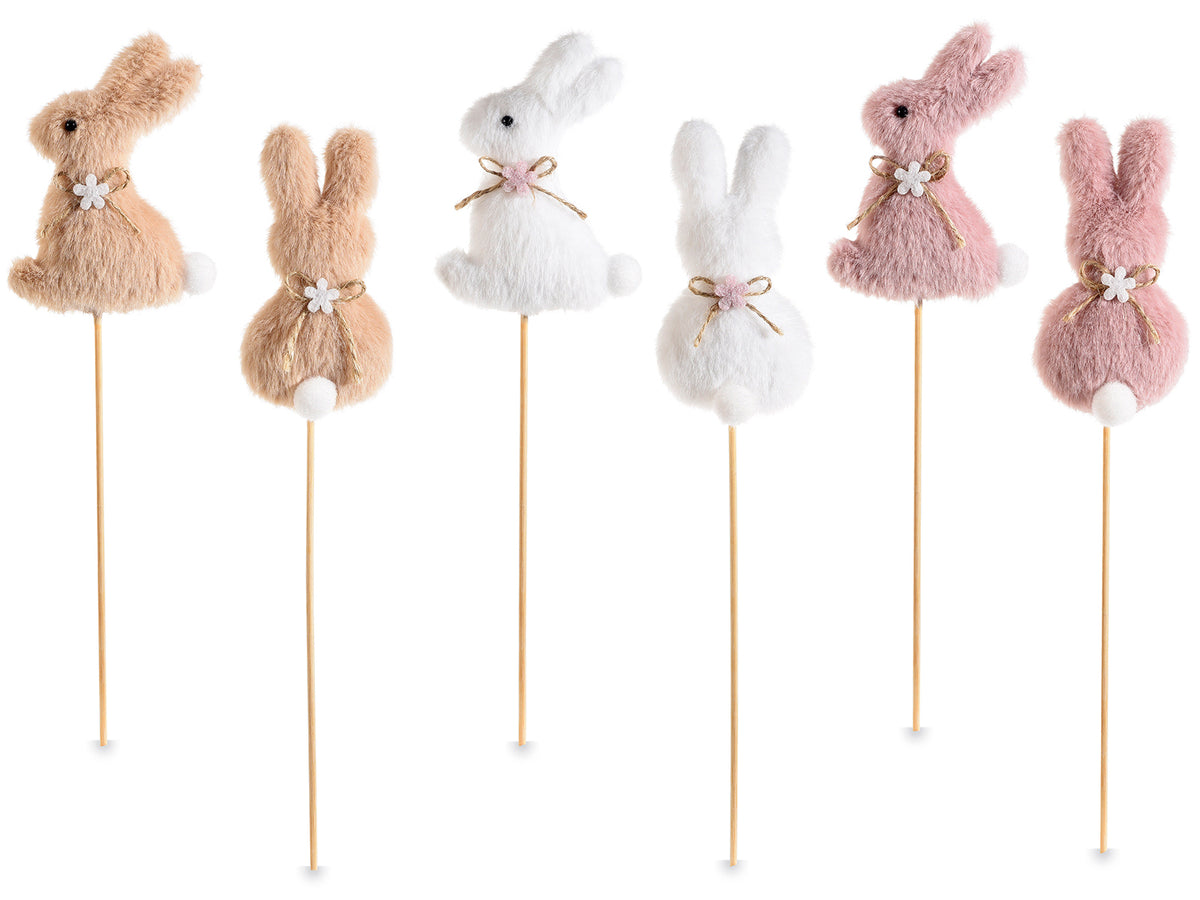 Coniglietti pasquali su stick di legno in morbido eco-fur, fiocco e fiore, set da 18 pezzi, cm 10 H (con stick 31)