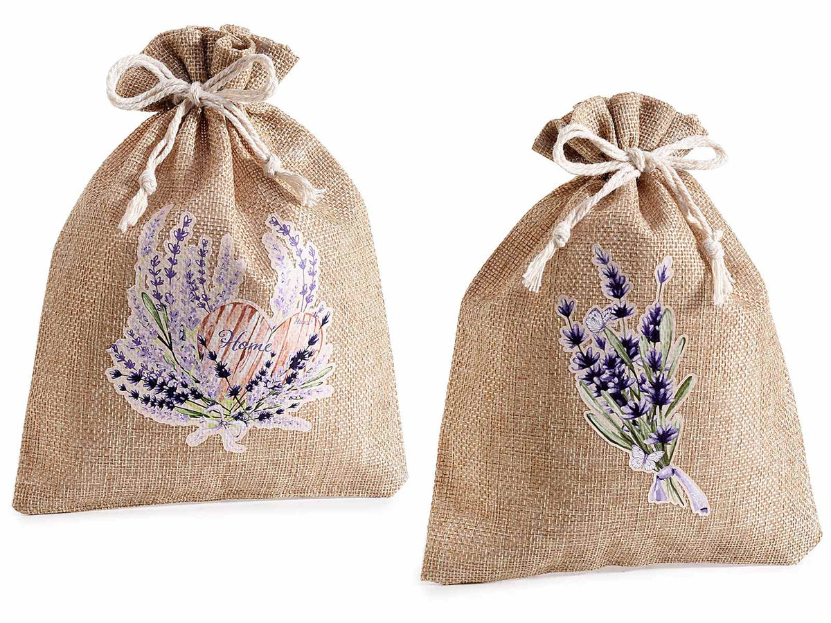 Sacchetti in juta con stampa lavanda, tirante di chiusura e fiocco, set da 24 pezzi, cm 17x22 H (al tirante18)