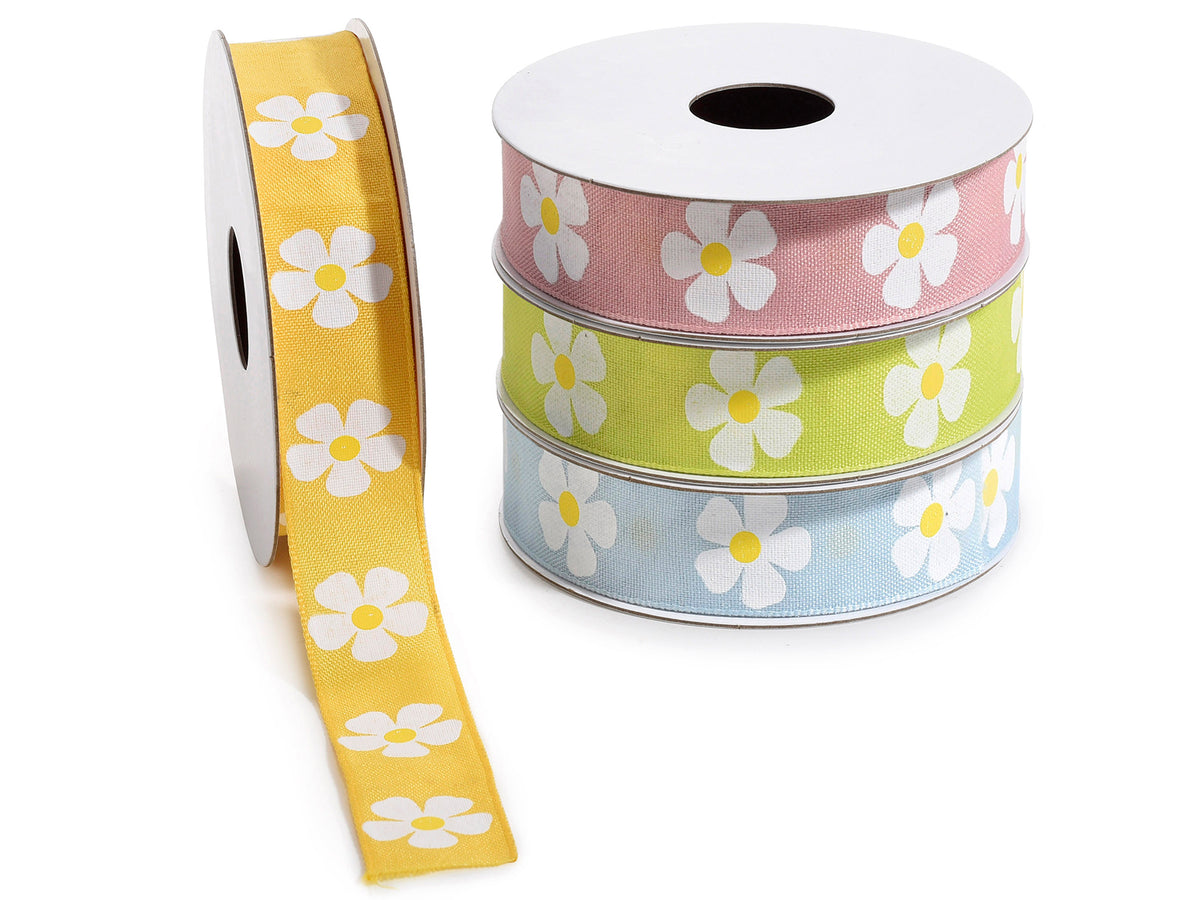 Nastri in tessuto colorato con stampa a margherite bianche, set da 4 pezzi, mm 25 x 10 m