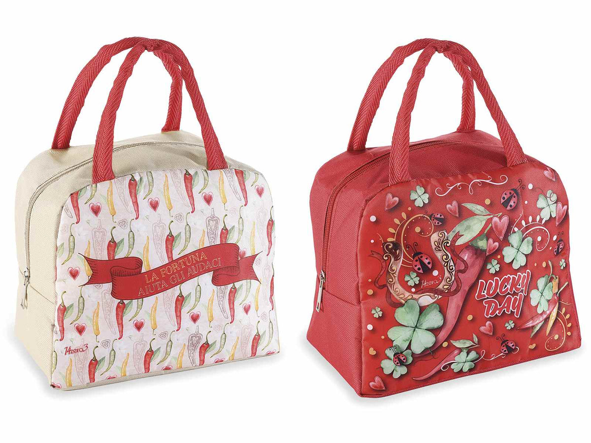 Borse termiche / lunch bag con manici e zip, stampa con peperoncini porta, set da 6 pezzi, cm23x13x20H (con manici30)
