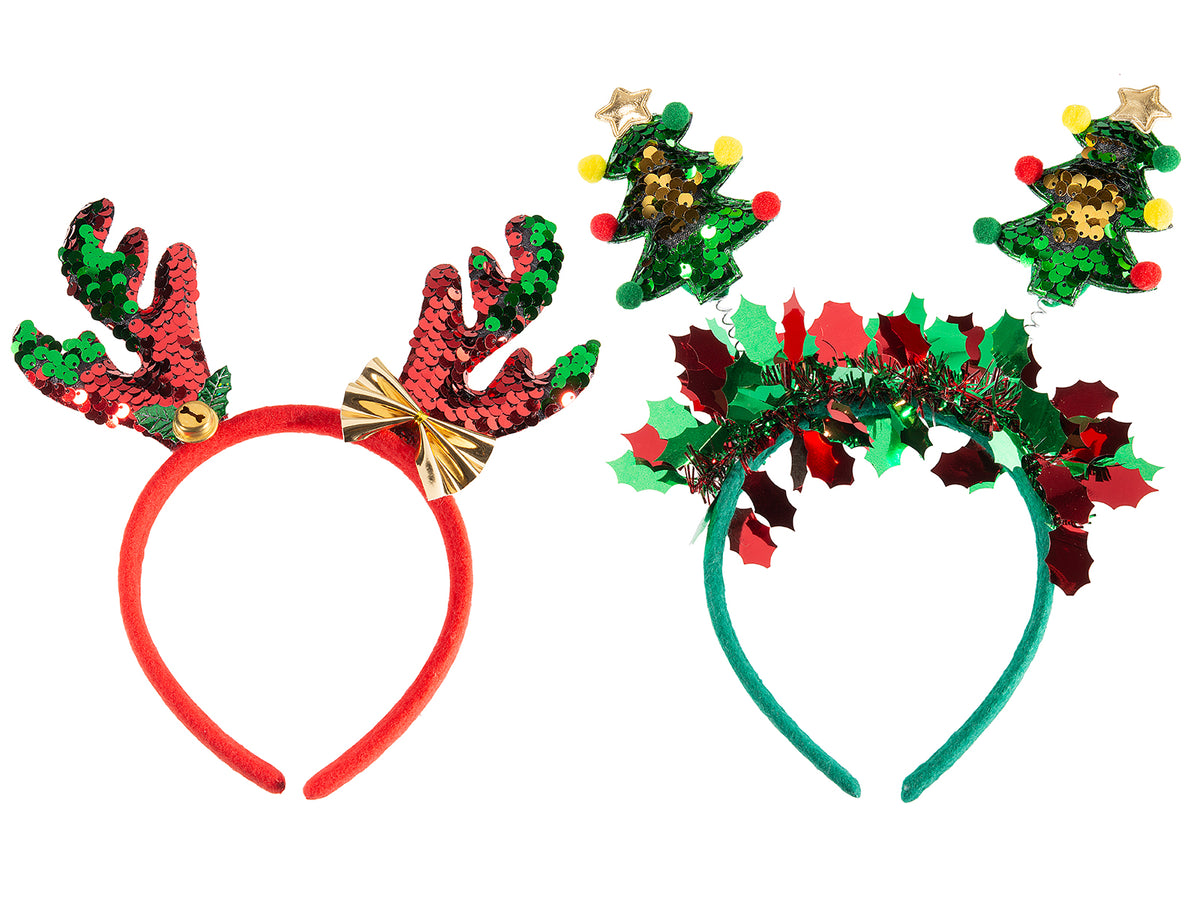 Cerchietti natalizi con decorazioni glitterate, con corna renna e alberelli, set da 16 pezzi, cm 11,5 x 24,5 H