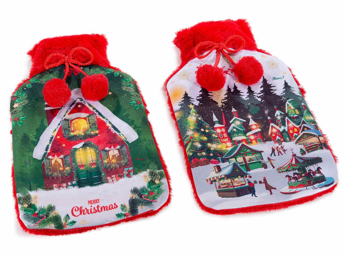 Borse acqua calda di Natale con rivestimento in morbido eco-fur e pom pon, set da 4 pezzi, cm 21 x 36 H