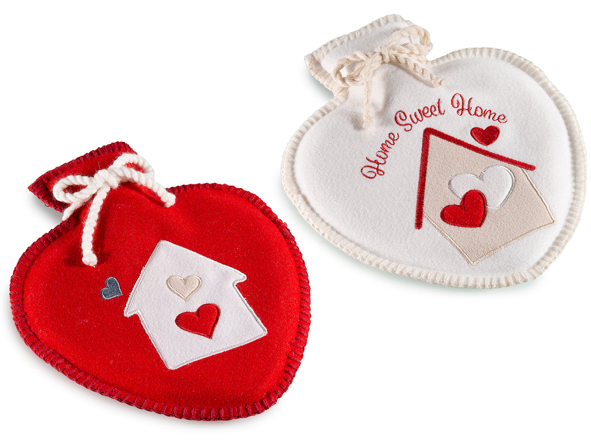 Borse dell'acqua calda con rivestimento in tessuto rosso e bianco, e ricami, set da 4 pezzi, cm 24 x 27 H