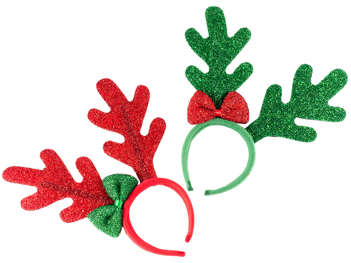 Cerchietti di Natale a renna con fiocco in stoffa brillantinata, set da 12 pezzi, cm 29 x 30 H