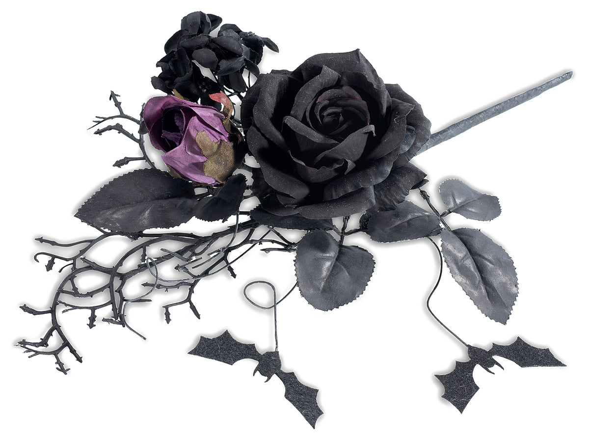 Rametti con rose nere e viola di Halloween con pipistrelli, set da 6 pezzi, cm 27 H (con gambo 42)