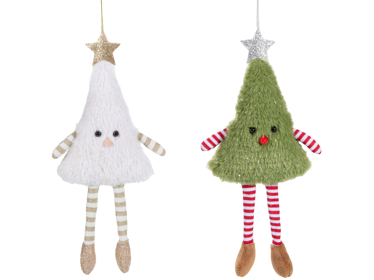 Personaggio ad Albero Natale gambelunghe in stoffa ed eco-fur da appendere, set da 4 pezzi, cm 14 x 30 H