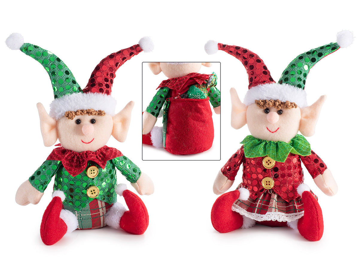 Elfi di Natale con abito decorato con di paillettes e tasca portadolci, set da 6 pezzi, cm 14 x 7 x 24 H