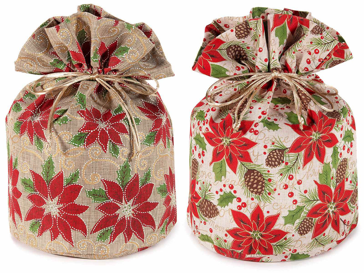 Sacchetti portapanettone in stoffa ad effetto juta con stampa stelle di Natale e pigne, set da 6 pezzi, Ø23cmx30H (al tirante23)