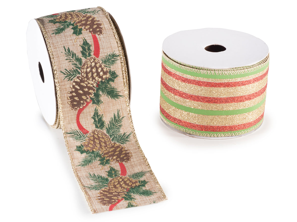 Nastri di Natale modellabili in tessuto glitterato con stampa pigne, set da 4 pezzi, mm 63 x 10 m
