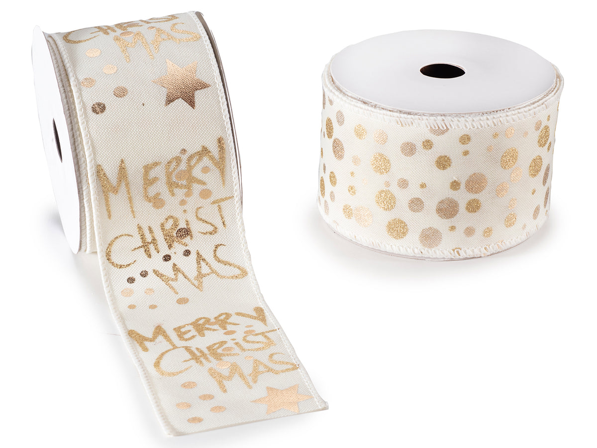 Set di 2 nastri natalizi modellabili con stampa dorata e scritta Merry Christmas, mm 63 x 10 m