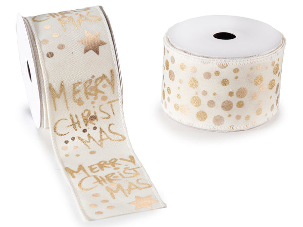 Set di 2 nastri natalizi modellabili con stampa dorata e scritta Merry Christmas, mm 63 x 10 m