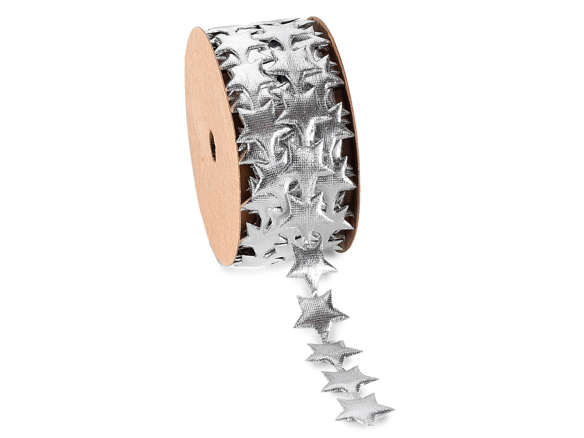 Nastri di Natale sagomati a stella argento in poliestere effetto metallizzato, set da 12 pezzi, mm 18 x 3 m