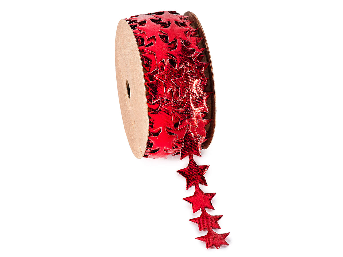 Nastro sagomato a stella rosso effetto metallizzato, set da 12 pezzi, mm 18 x 3 m