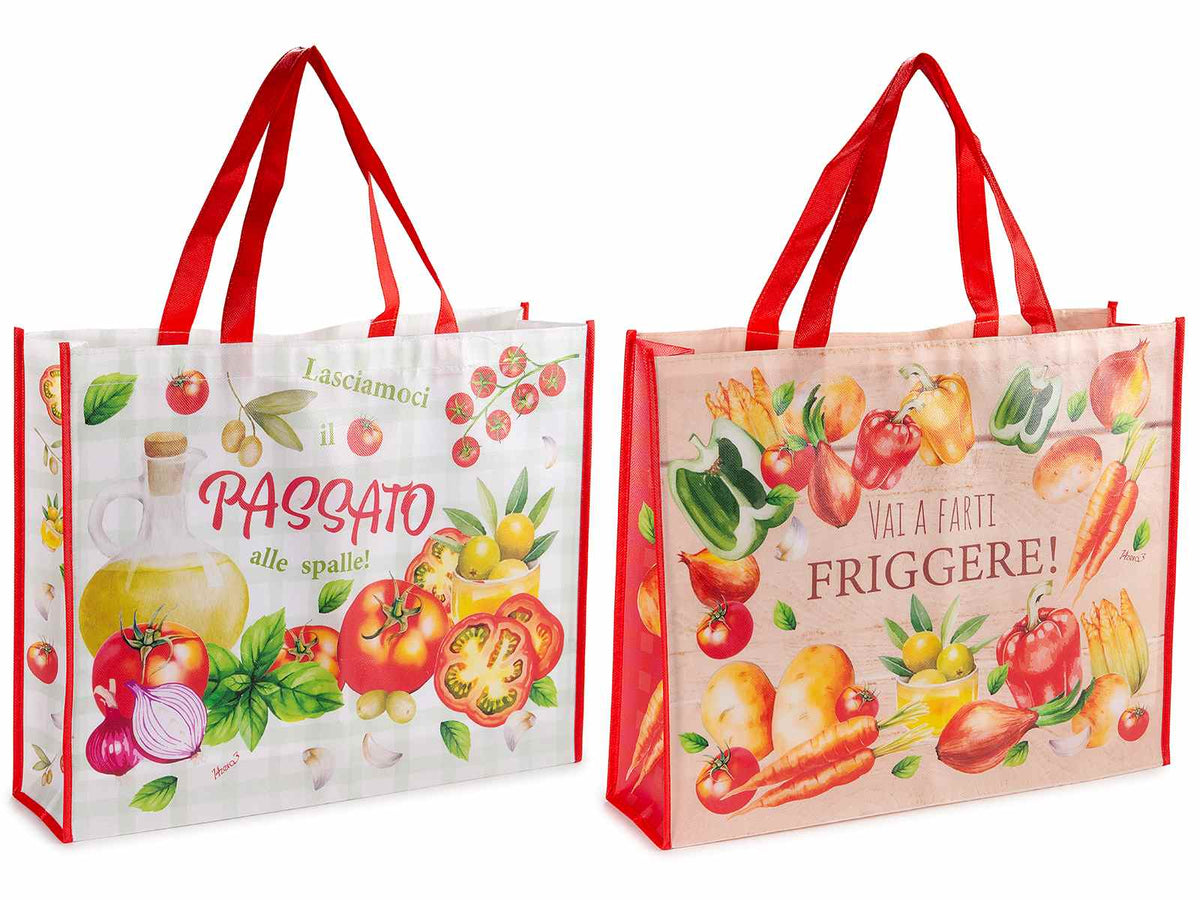 Borse shopping bag riutilizzabili in poliestere rigido con stampa verdure, set da 10 pezzi, cm 45x11x36 H (con manici 56)