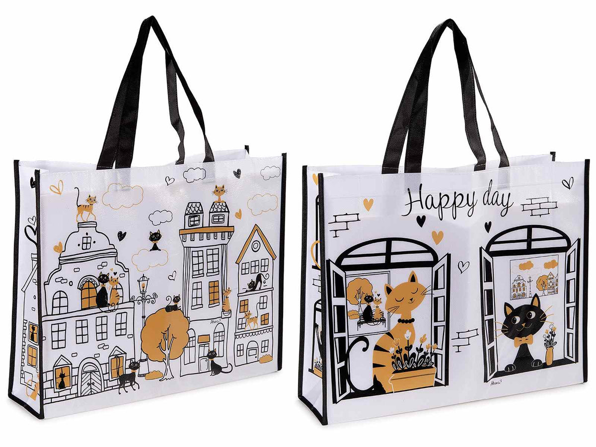 Borse spesa / shopping bag riutilizzabile in poliestere rigido con stampa gatti, set da 10 pezzi, cm 45x12x36 H (con manici 5