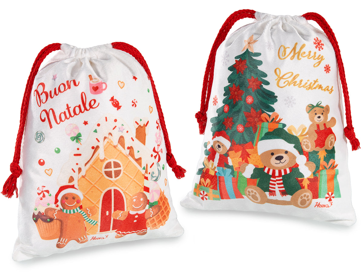 Sacchetti di Natale in tessuto con stampa natalizia Buon Natale e con tirante, set da 24 pezzi, cm19,5x25H (al tirante23)
