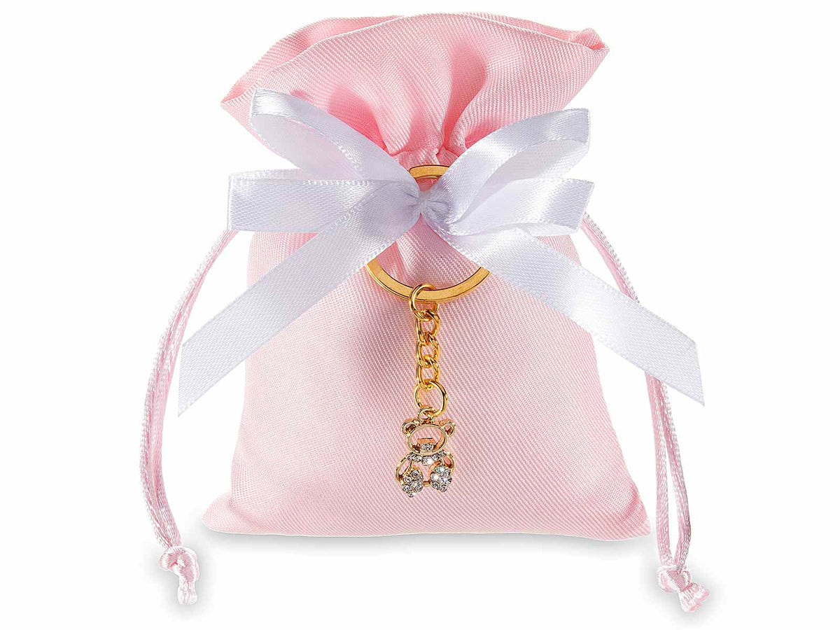 Sacchettini da bomboniera rosa in stoffa con fiocco e portachiavi in metallo, set da 30 pezzi, cm 10 x 13 H (al tirante 9)