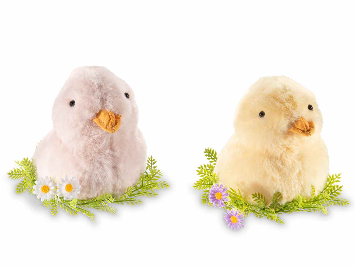 Pulcini decorativi pasquali in morbido eco- fur su nido di fiori, set da 6 pezzi, cm 10 x 16 x 12,5 H