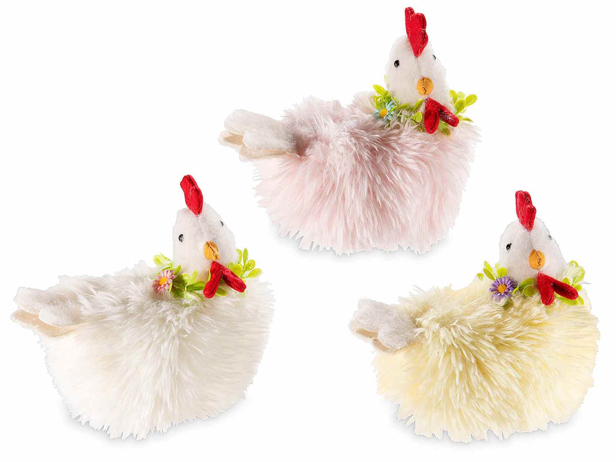 Gallinelle decorative in morbido eco-fur con ghirlanda di fiori, set da 6 pezzi, cm 19 x 9 x 18 H