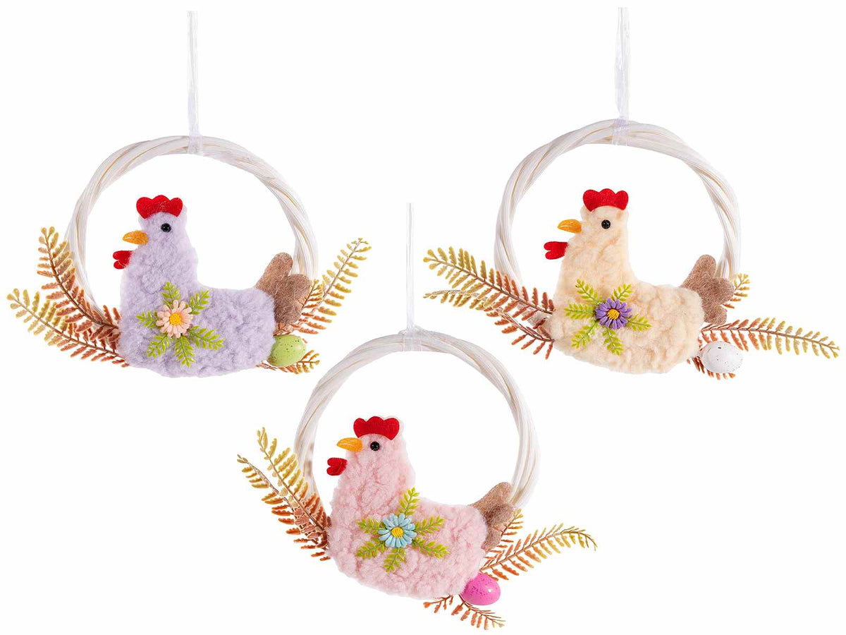 Ghirlanda pasquale con gallina in morbido eco-fur e fiori decorativi, set da 9 pezzi, Ø 16 cm