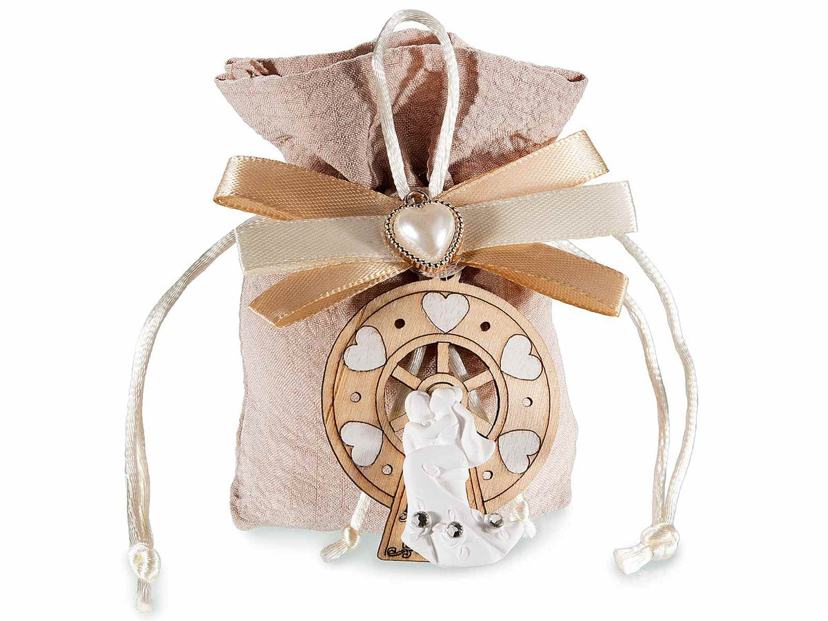 Sacchetti in stoffa froissè colore nocciola con fiocchetti, cuoricino, set da 25 pezzi, cm 10x3x12 H(al tirante7)