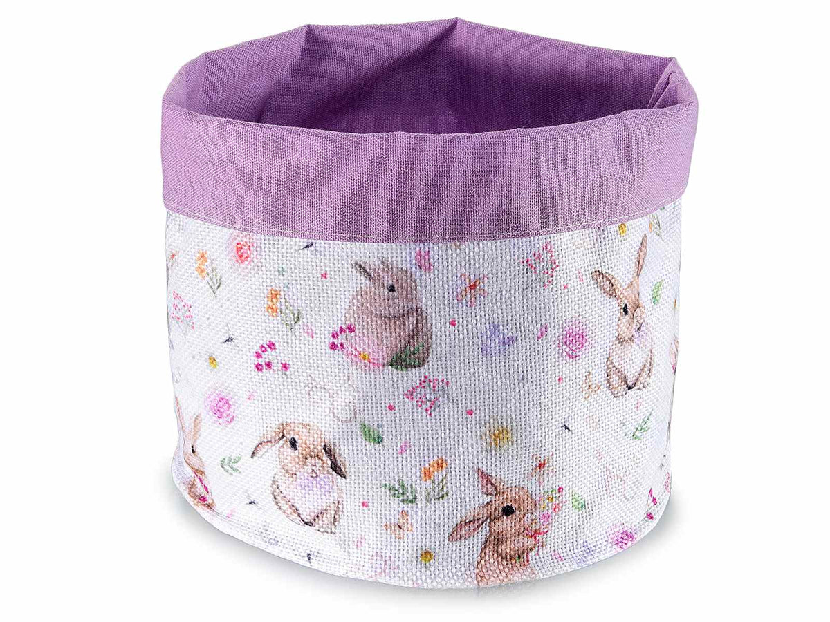 Cestini di Pasqua in stoffa con stampa coniglietti con interno colorato lilla, set da 8 pezzi, Ø 16 cm x 18,5 H