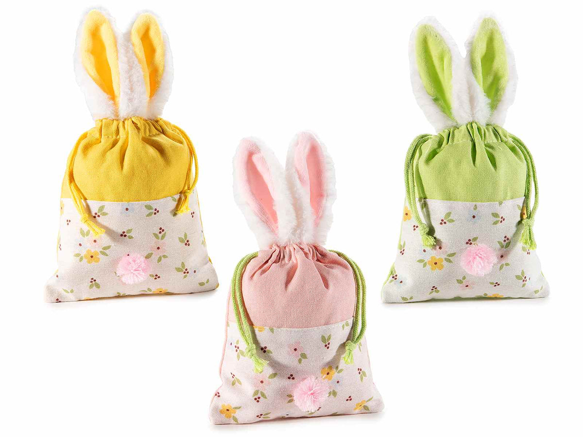 Sacchetti con orecchie da coniglio in stoffa decorata e tirante con pompon, set da 18 pezzi, cm15x17,5H (al tirante15)
