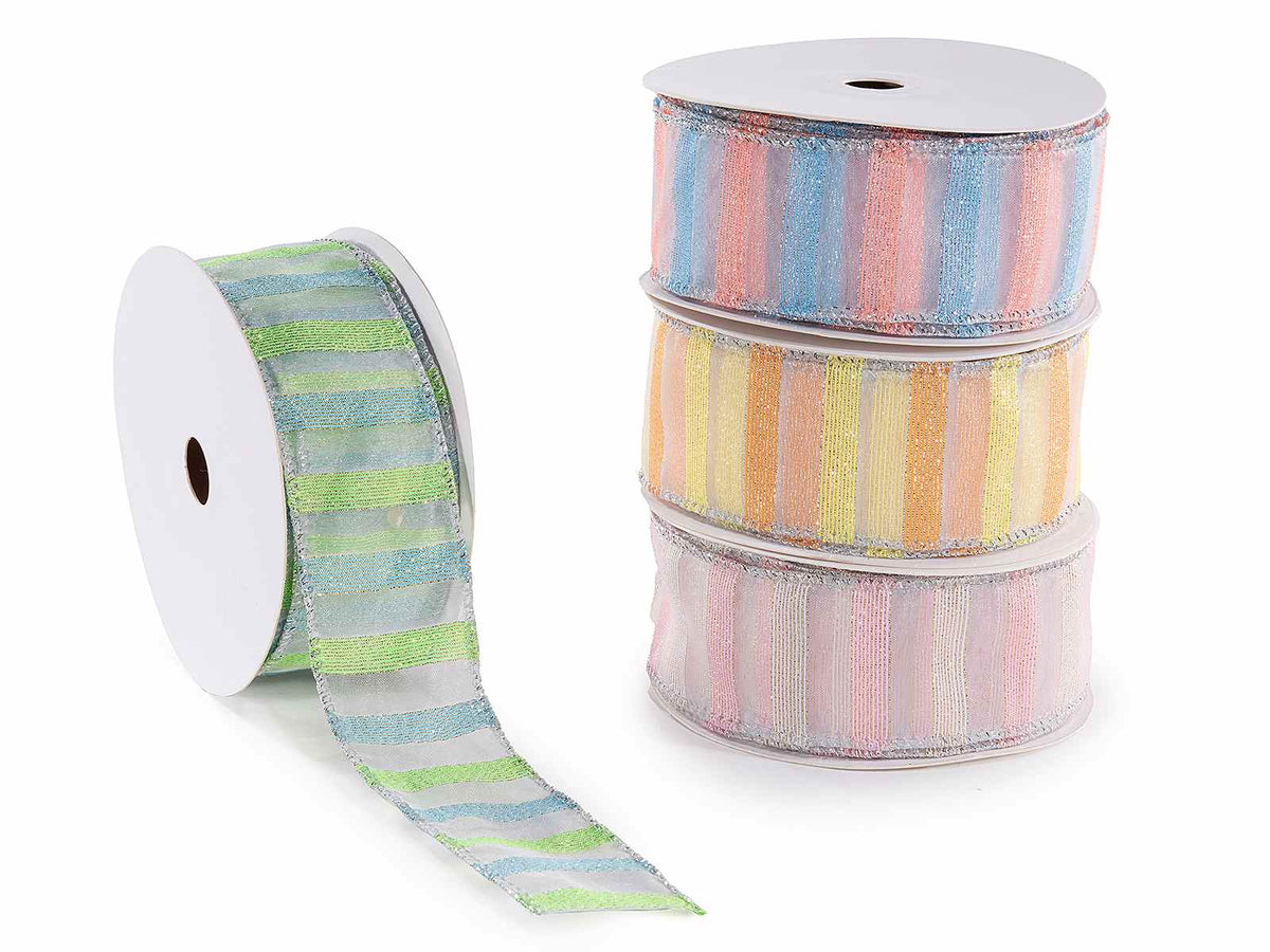 Nastri in organza colore pastello con trama a righe e con bordi modellabili, set da 4 pezzi, mm 40 x 10 m