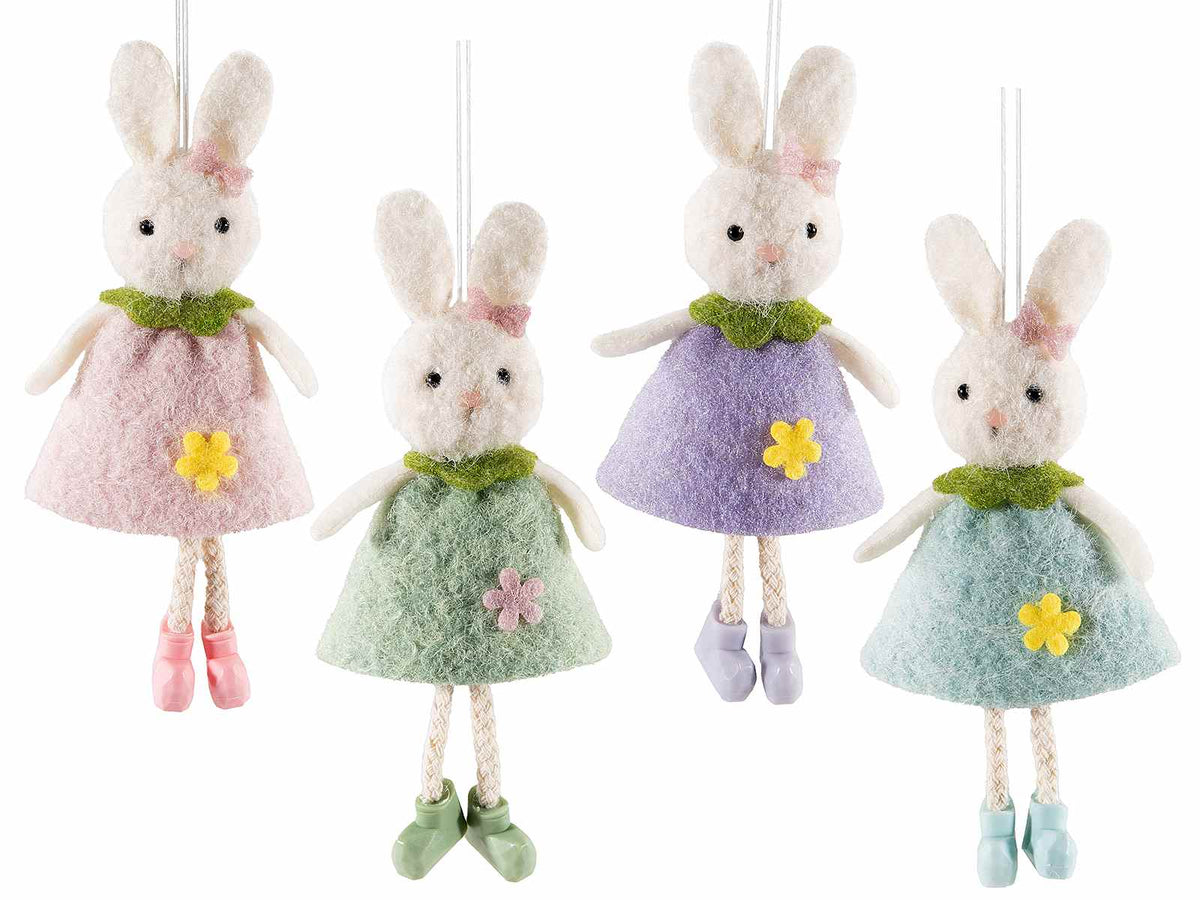 Coniglietti pasquali gambelunghe con abito in panno colorato e fiorellino, set da 12 pezzi, cm 16 H