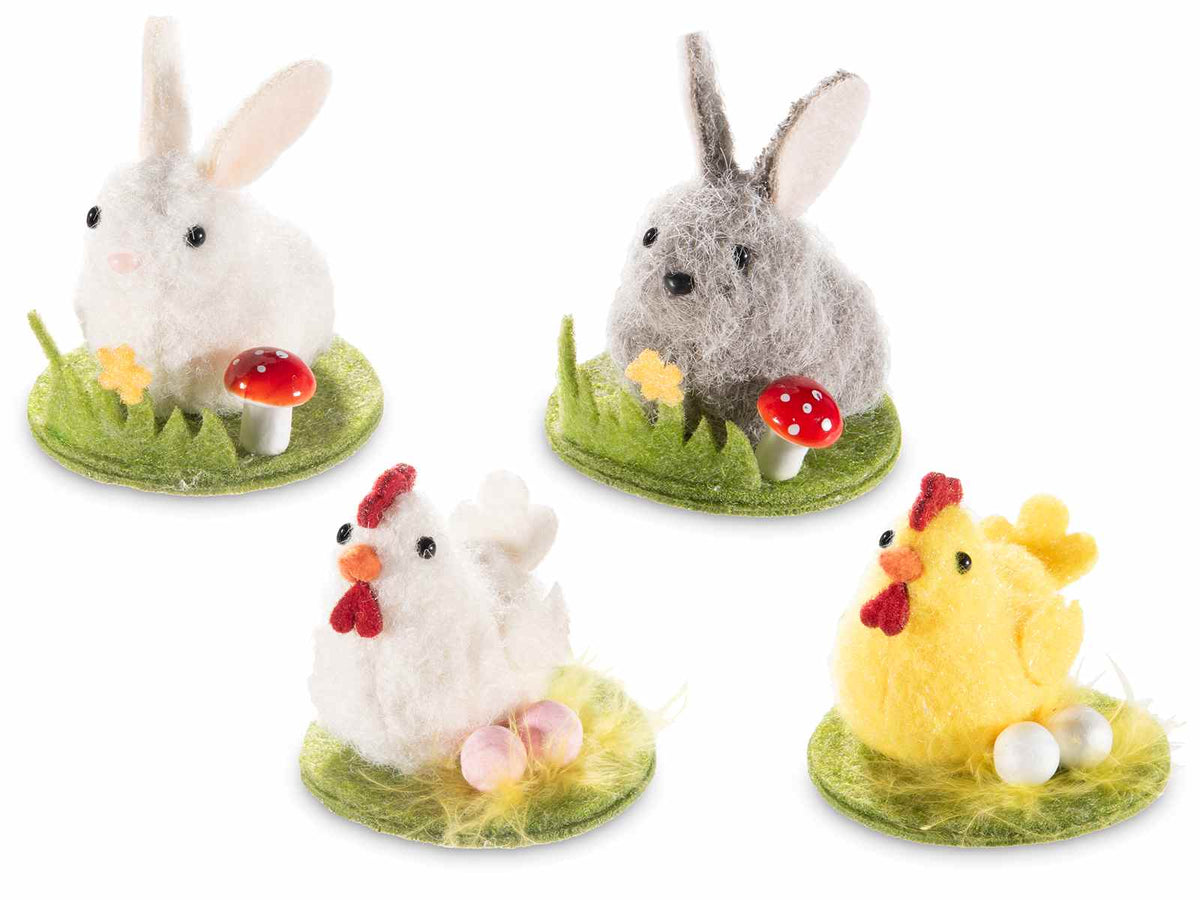 Personaggi pasquali a coniglietto, pulcino e gallina in eco-fur su zolla, set da 12 pezzi, Ø 6,5 cm x 7 H