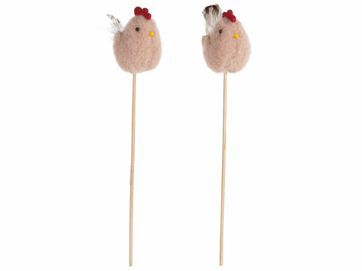 Stick pasquali decorativi in legno con gallinelle ecrù in morbido eco-fur, set da 16 pezzi, cm 6 H (con stick 25)