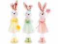 Conigliette pasquali in morbido eco fur con abito in tulle e fiorellini, set da 3 pezzi, Ø7cmx34 H (orecc.estese)